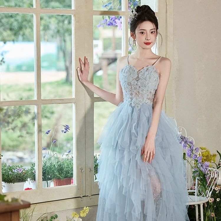 Spaghetti A-Line Gown Evening Lace Strap