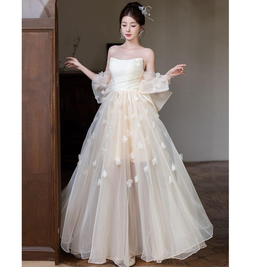Strapless Sheer Overlay A-Line Evening Gown