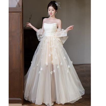 Strapless Sheer Overlay A-Line Evening Gown