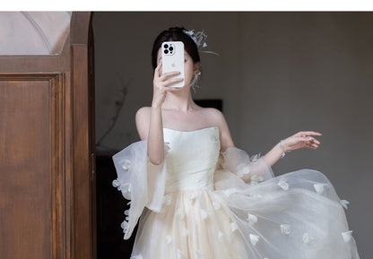 Strapless Sheer Overlay A-Line Evening Gown