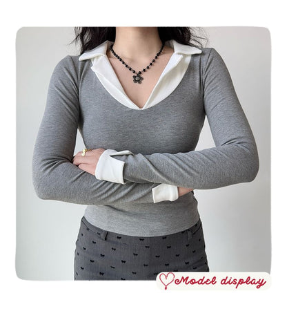 Collared Mock Two-Piece Long-Sleeve Tee with Layered Look