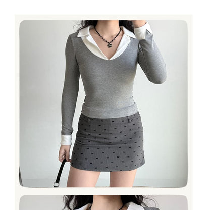 Collared Mock Two-Piece Long-Sleeve Tee with Layered Look