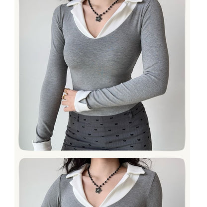 Collared Mock Two-Piece Long-Sleeve Tee with Layered Look