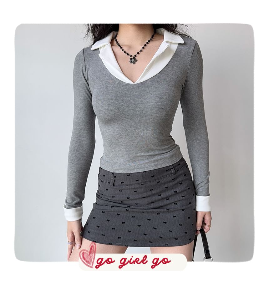 Collared Mock Two-Piece Long-Sleeve Tee with Layered Look