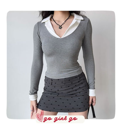 Collared Mock Two-Piece Long-Sleeve Tee with Layered Look