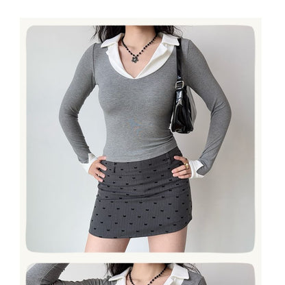 Collared Mock Two-Piece Long-Sleeve Tee with Layered Look