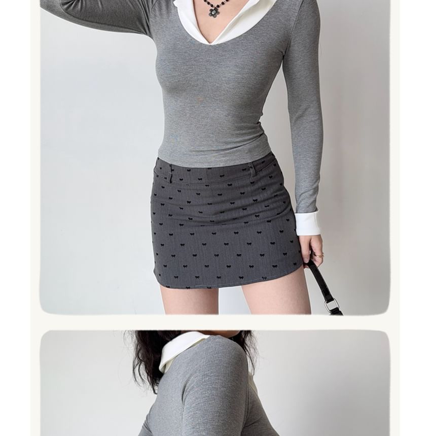Collared Mock Two-Piece Long-Sleeve Tee with Layered Look