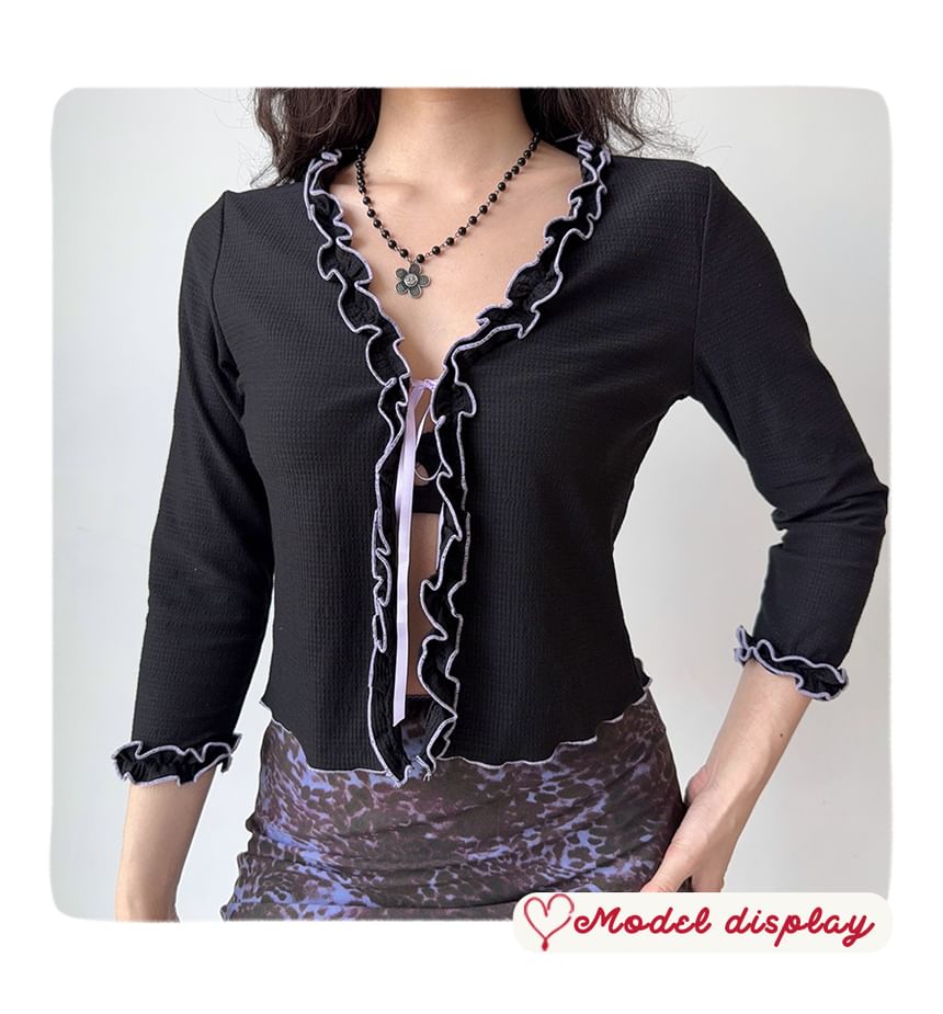 V-Neck Three-Quarter-Sleeve Ruffle-Trim Solid Blouse