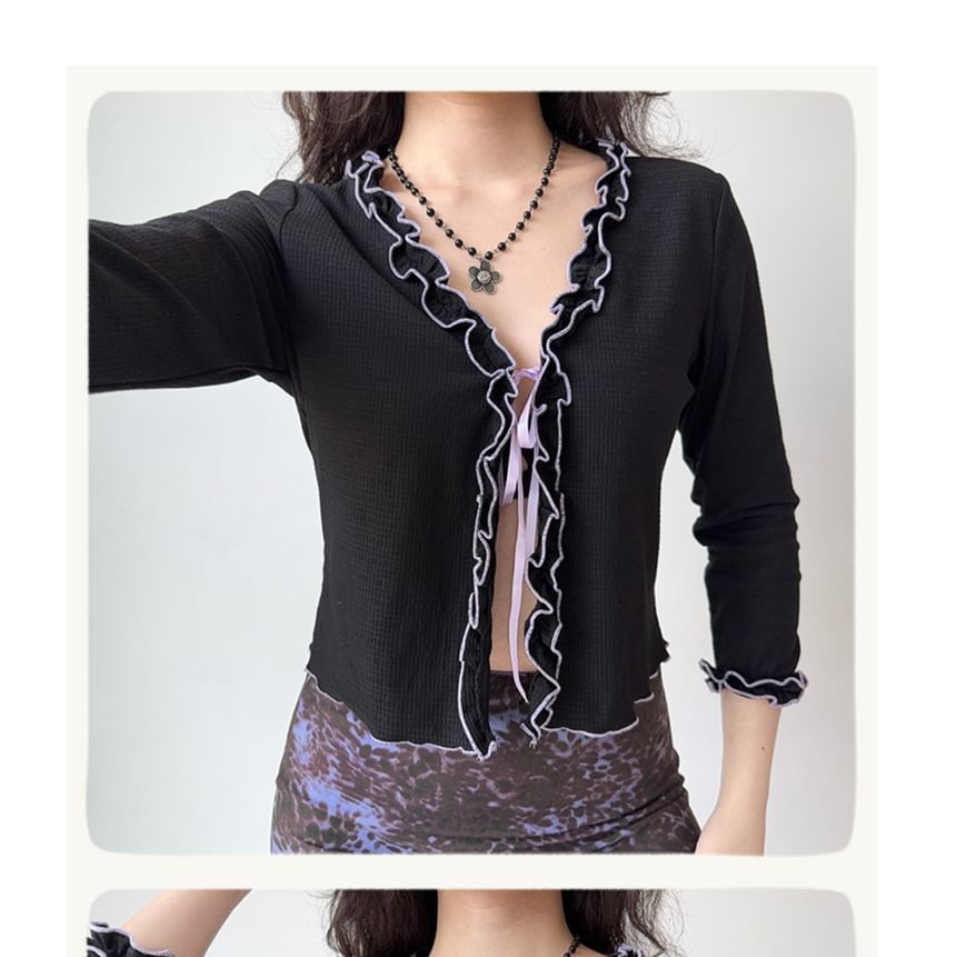V-Neck Three-Quarter-Sleeve Ruffle-Trim Solid Blouse