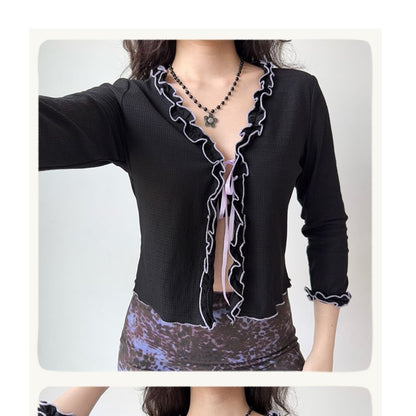 V-Neck Three-Quarter-Sleeve Ruffle-Trim Solid Blouse
