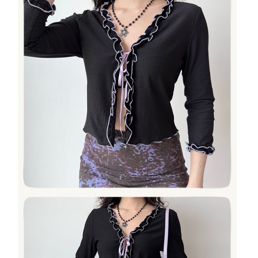 V-Neck Three-Quarter-Sleeve Ruffle-Trim Solid Blouse