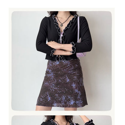 V-Neck Three-Quarter-Sleeve Ruffle-Trim Solid Blouse