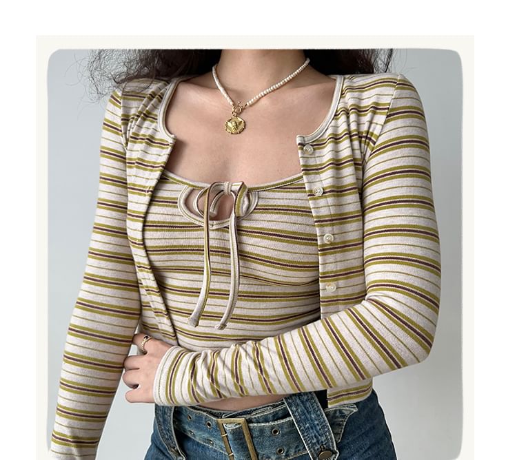 Striped Crewneck Cardigan & Scoop-Neck Camisole Top Set