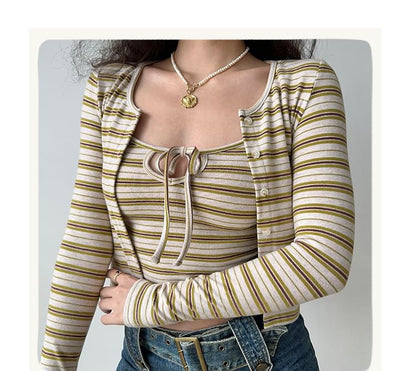 Striped Crewneck Cardigan & Scoop-Neck Camisole Top Set