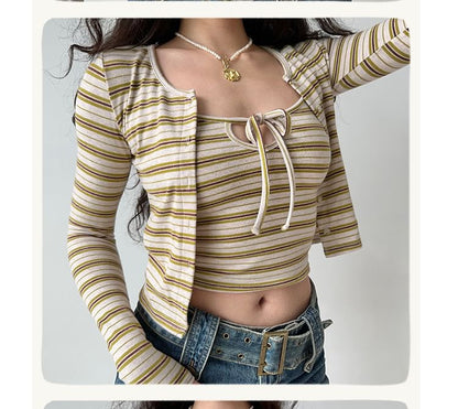 Striped Crewneck Cardigan & Scoop-Neck Camisole Top Set