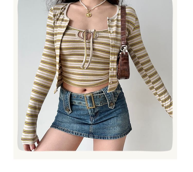 Striped Crewneck Cardigan & Scoop-Neck Camisole Top Set