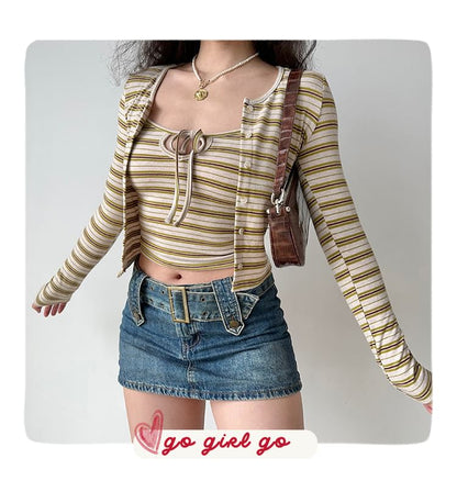 Striped Crewneck Cardigan & Scoop-Neck Camisole Top Set