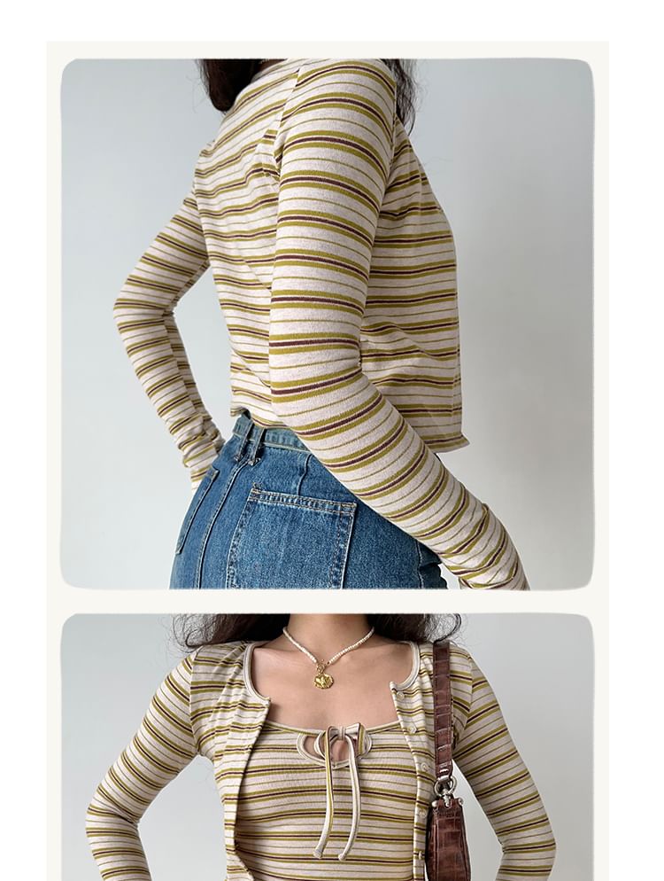 Striped Crewneck Cardigan & Scoop-Neck Camisole Top Set