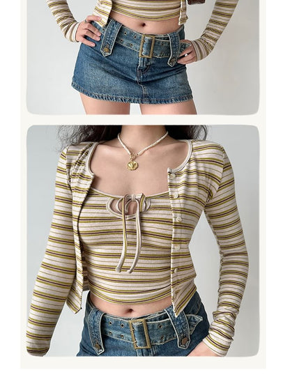 Striped Crewneck Cardigan & Scoop-Neck Camisole Top Set