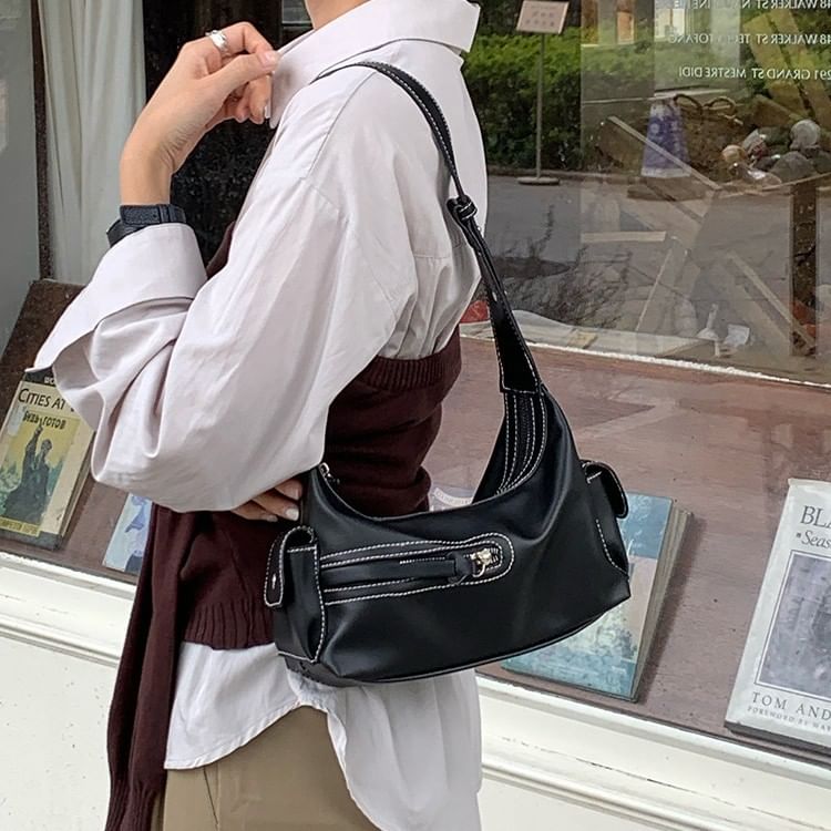 Faux Leather Zip Shoulder Bag