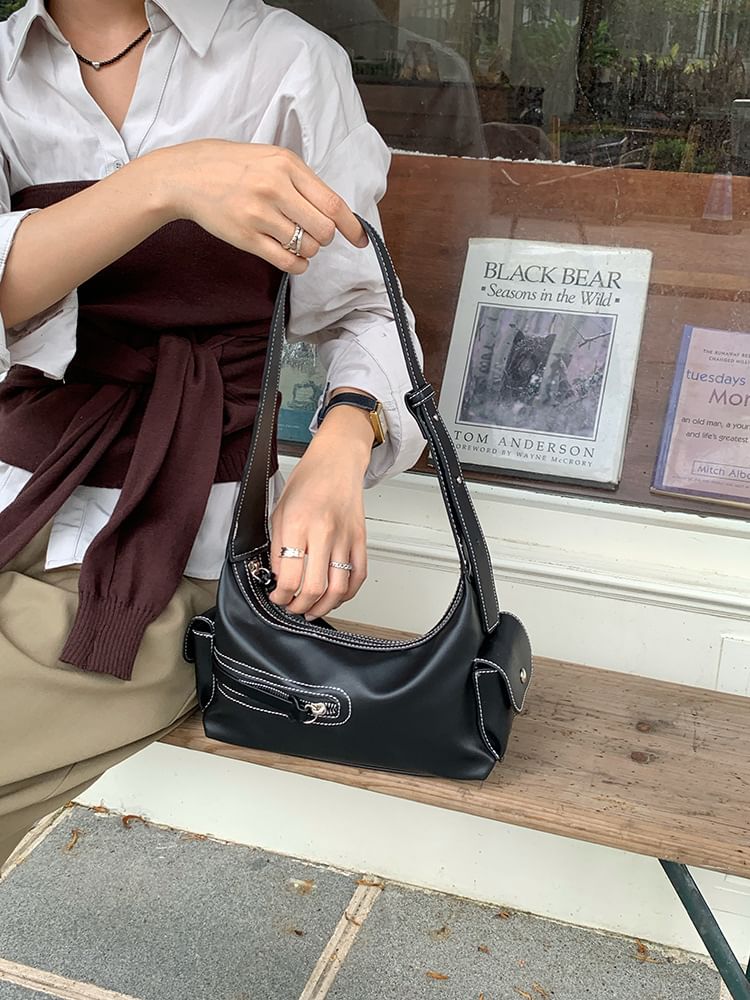 Faux Leather Zip Shoulder Bag
