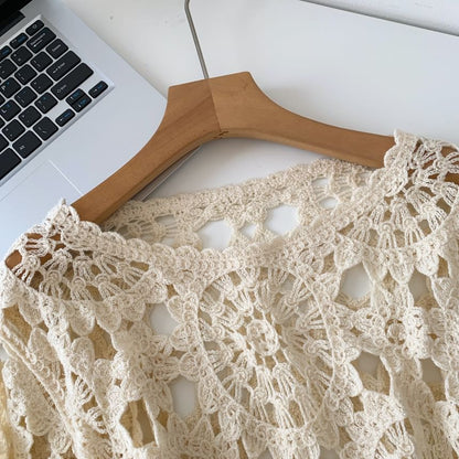 Perforated Boatneck Crop Top with Long Sleeves