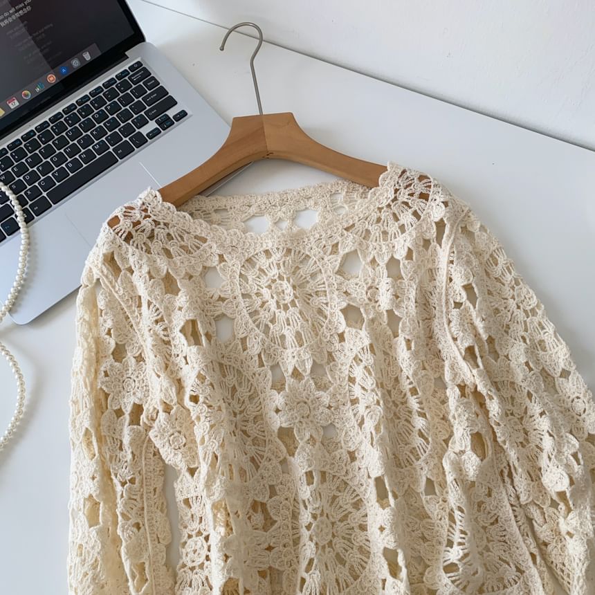 Perforated Boatneck Crop Top with Long Sleeves