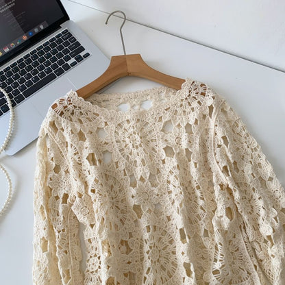 Perforated Boatneck Crop Top with Long Sleeves