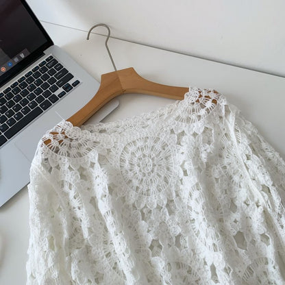 Perforated Boatneck Crop Top with Long Sleeves