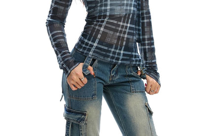 Plaid Off-Shoulder Slim-Fit Tee with Long Sleeves