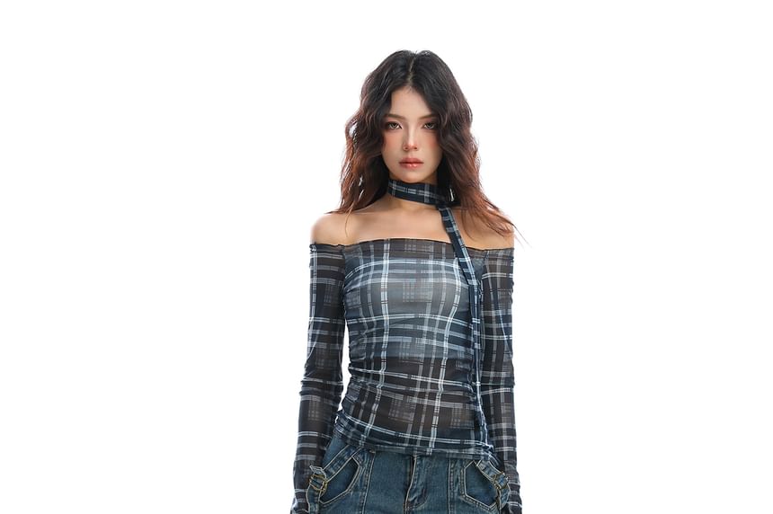 Plaid Off-Shoulder Slim-Fit Tee with Long Sleeves