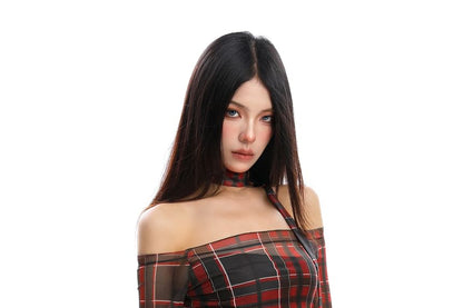Plaid Off-Shoulder Slim-Fit Tee with Long Sleeves
