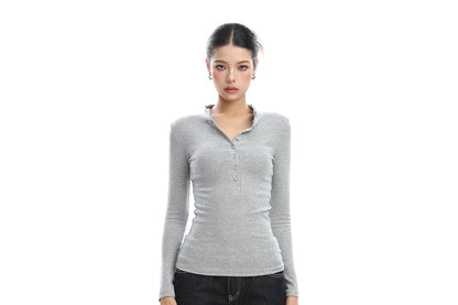 Slim-Fit Henley Tee with Long Sleeves