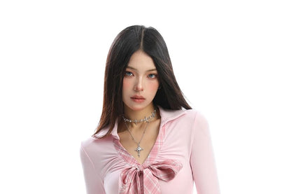 Knot-Front Plaid Panel V-Neck Collared Slim Tee, Long Sleeves