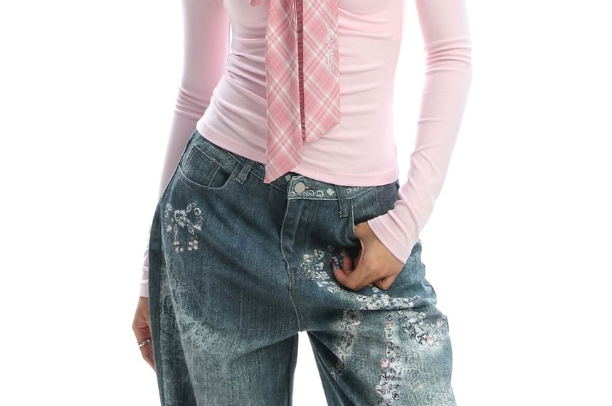 Knot-Front Plaid Panel V-Neck Collared Slim Tee, Long Sleeves