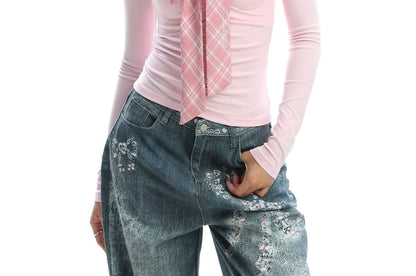Knot-Front Plaid Panel V-Neck Collared Slim Tee, Long Sleeves