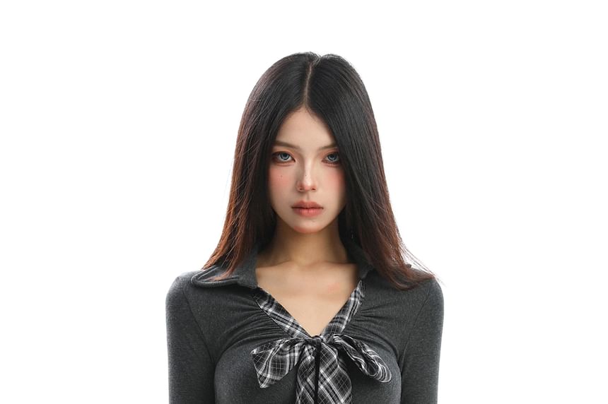 Knot-Front Plaid Panel V-Neck Collared Slim Tee, Long Sleeves