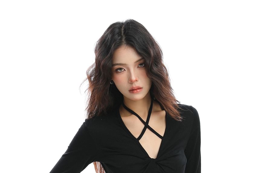 Slim-Fit Criss Cross Halter Tee with Long Sleeves