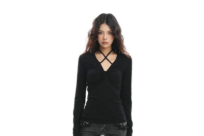 Slim-Fit Criss Cross Halter Tee with Long Sleeves
