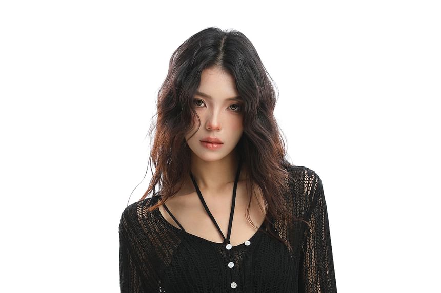 Pointelle Knit Buttoned Top with Scoop Neck & Long Sleeves