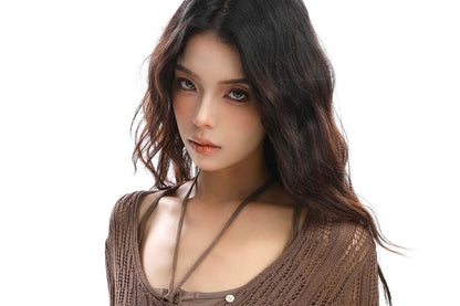 Pointelle Knit Buttoned Top with Scoop Neck & Long Sleeves