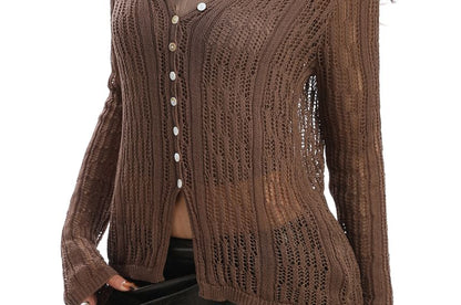 Pointelle Knit Buttoned Top with Scoop Neck & Long Sleeves