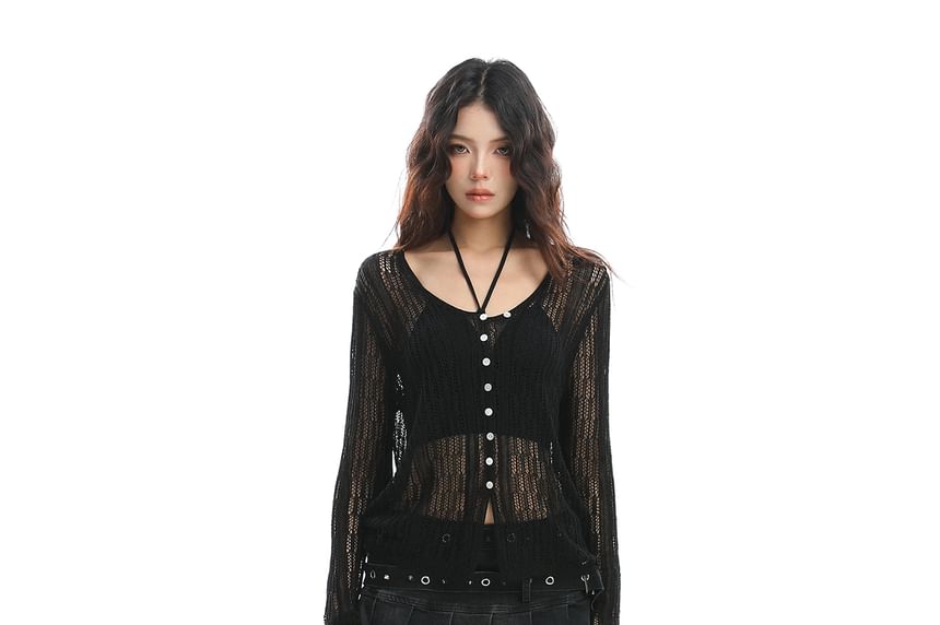 Pointelle Knit Buttoned Top with Scoop Neck & Long Sleeves