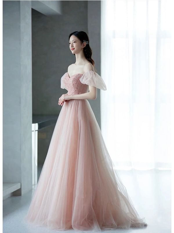 Puff Sleeve V-Neck Beaded A-Line Evening Gown