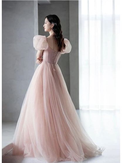 Puff Sleeve V-Neck Beaded A-Line Evening Gown