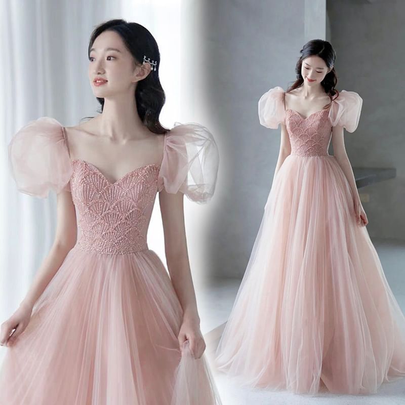Puff Sleeve V-Neck Beaded A-Line Evening Gown