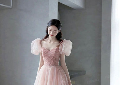 Puff Sleeve V-Neck Beaded A-Line Evening Gown