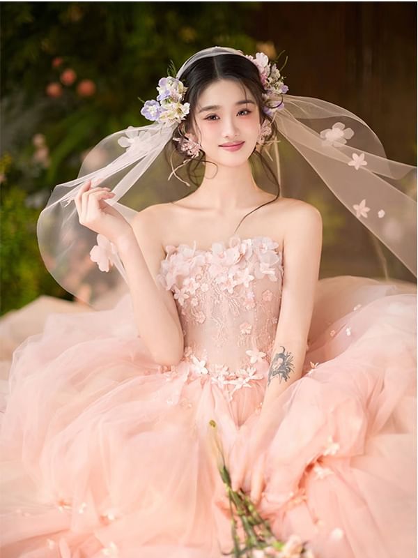 / Floral Ball Plain Veil Strapless Gown Set