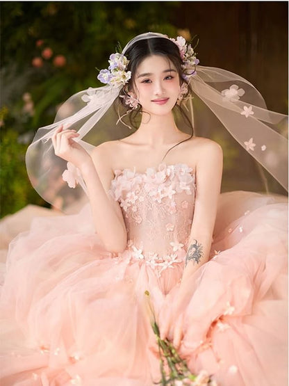 / Floral Ball Plain Veil Strapless Gown Set