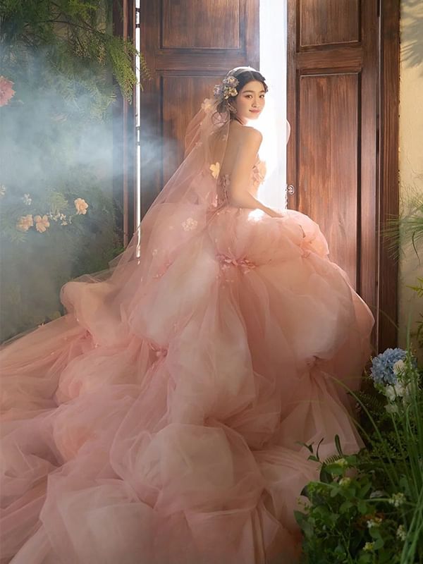 Strapless Plain Floral Ball Gown / Veil / Set